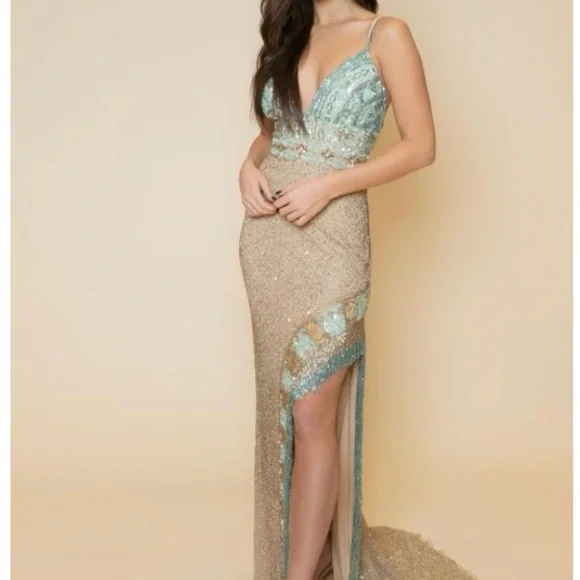 Rare hard to find Sherri Hill 54140 Gold Aqua Beaded Backless Prom Evening Gown